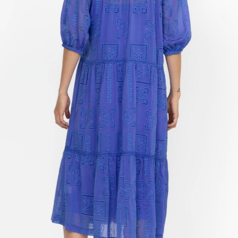 Johnny Was Blue Midi Sundress with Tiered Skirt and 3/4 Bishop Sleeves - Picture 4 of 12